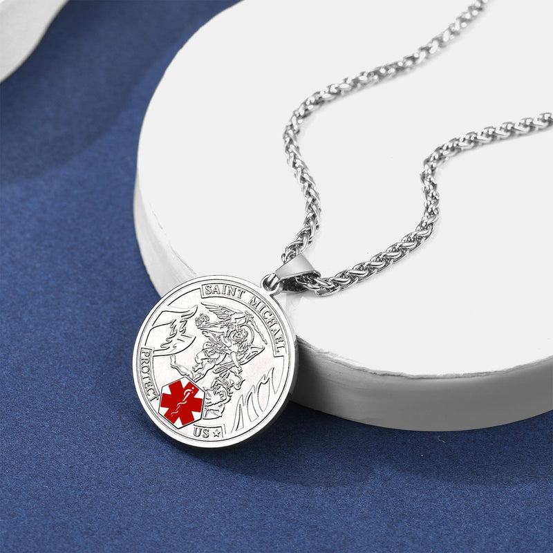 Engraved Saint Michael Medical Alert Id Pendant Necklace