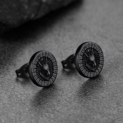 Viking Wolf Head Stud Earrings With Runes for
