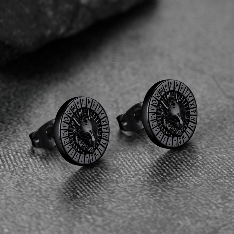 Viking Wolf Head Stud Earrings With Runes for