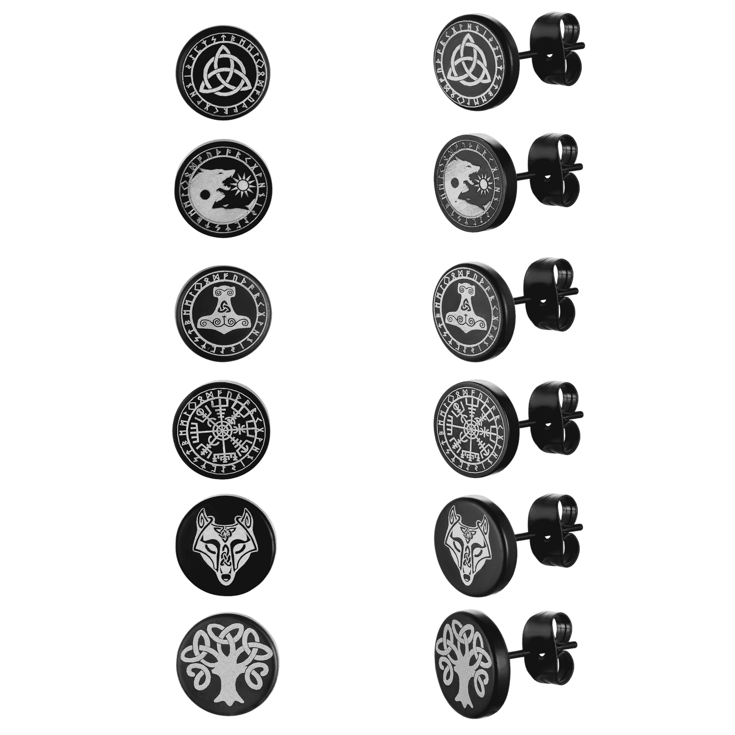 Viking Black Stud Earrings Set for 6 Pairs
