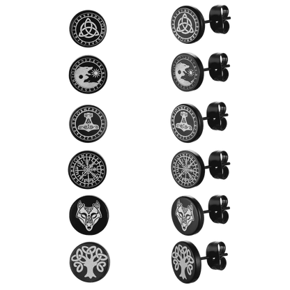 Viking Black Stud Earrings Set for 6 Pairs