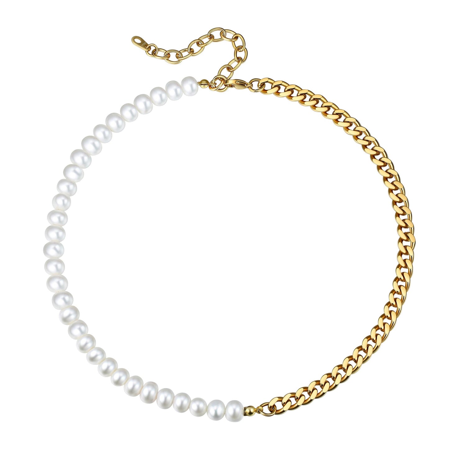 Half 8mm White Pearl and Half 7mm Cuban Link Chain Choker Necklace