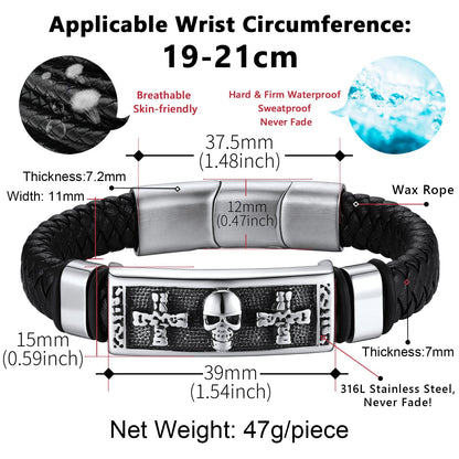 Gothic Black Skull Braided Leather Bracelet for Son Grandson