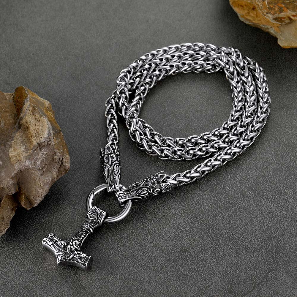 Viking Thor's Hammer Mjolnir Necklace for With Wolf Chain