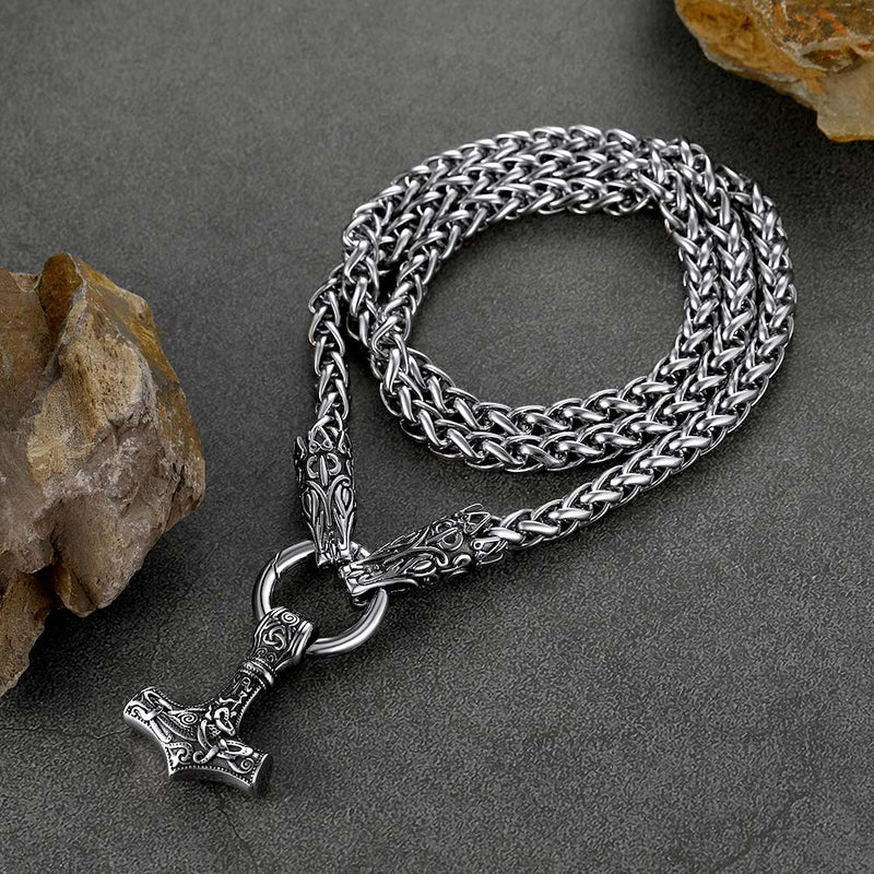 Viking Thor's Hammer Mjolnir Necklace for With Wolf Chain