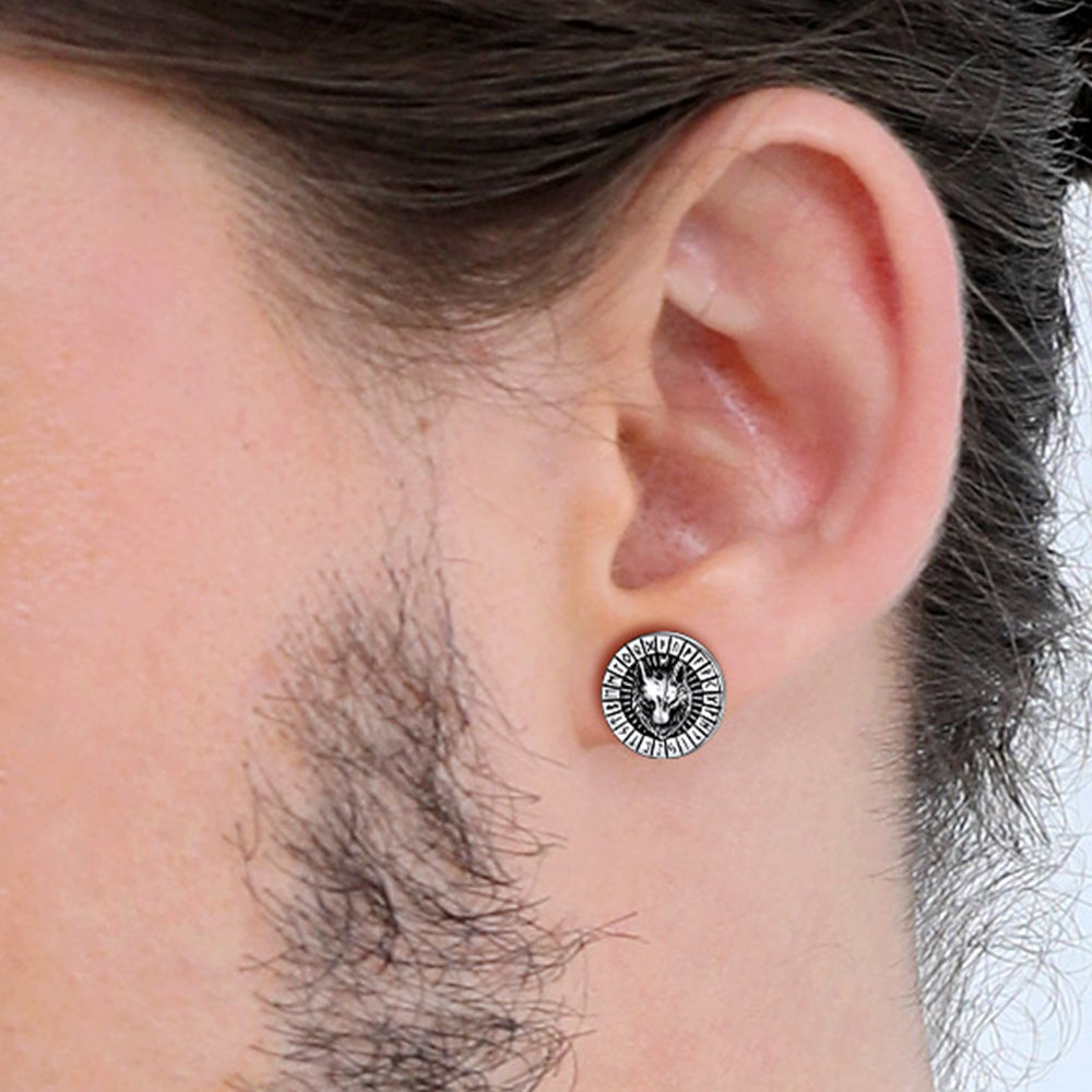 Viking Wolf Head Stud Earrings With Runes for
