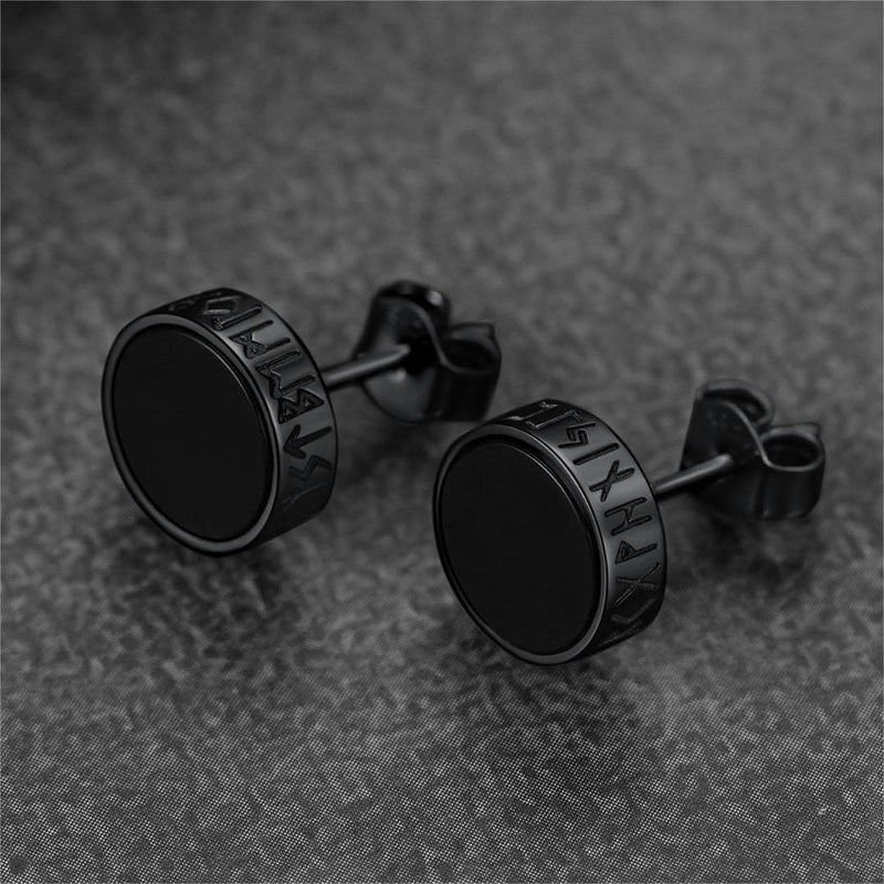 Sterling Silver Viking Runes Black Onyx Stud Earrings for