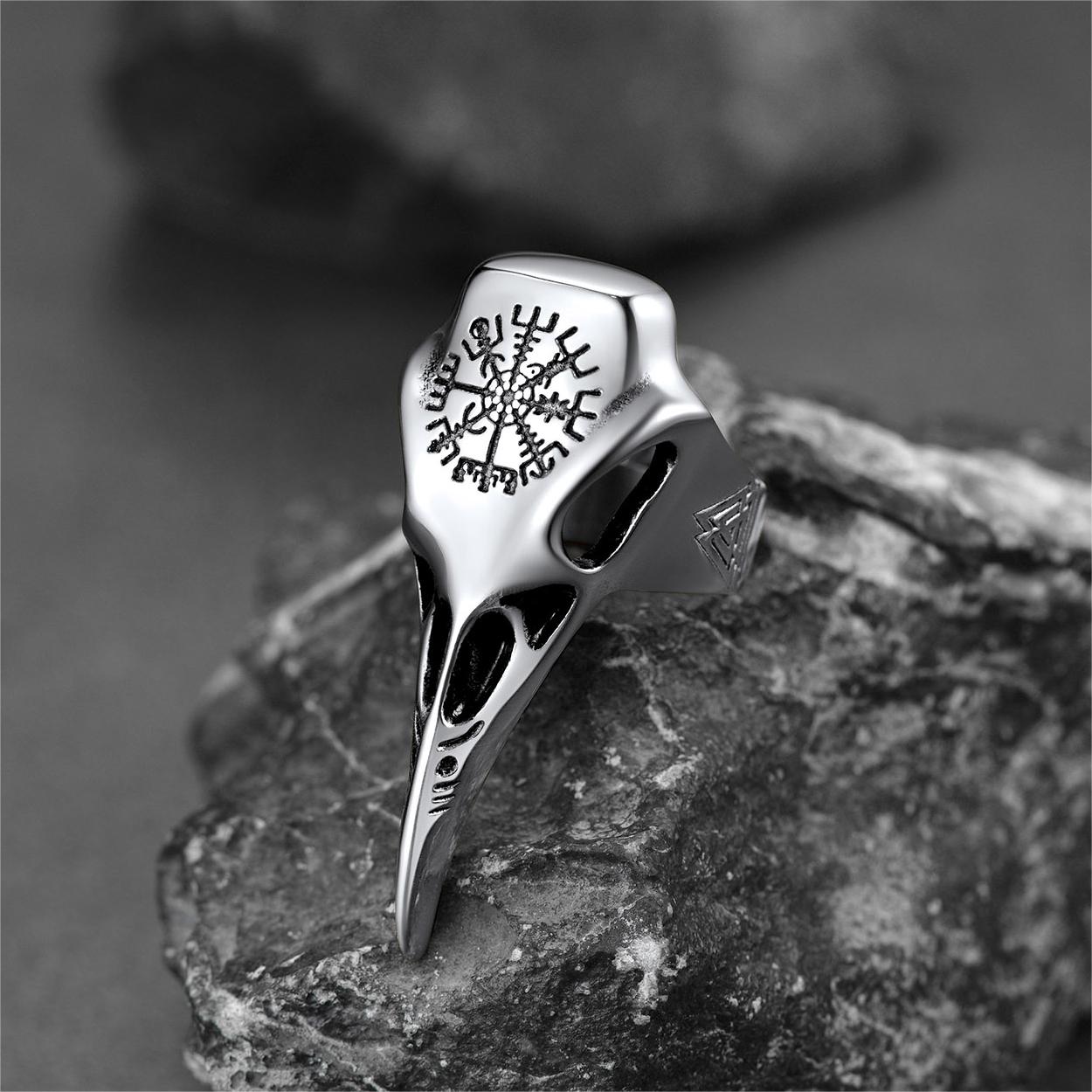 Raven Skull Ring With Viking Compass for
