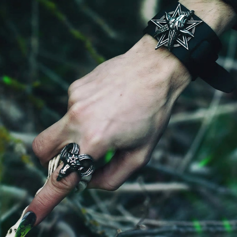 Baphomet Pentagram Black Leather Bracelet by Alchemy Gothic