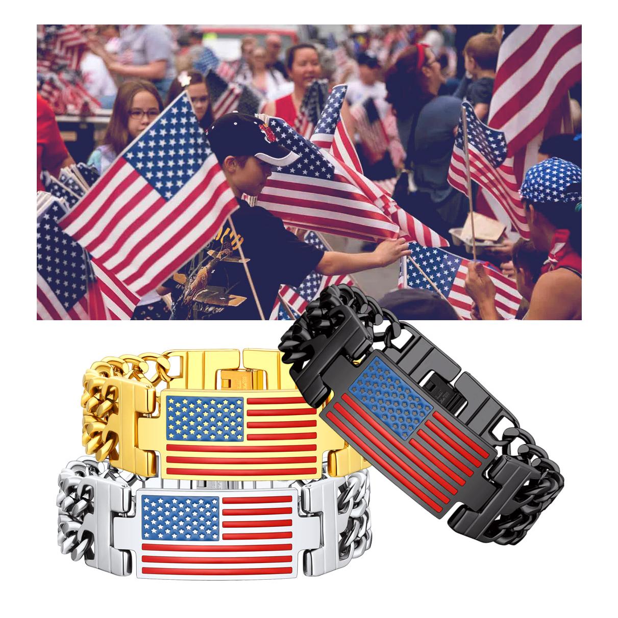 Usa American Flag Cuban Link Chain Bracelet for 8mm Width