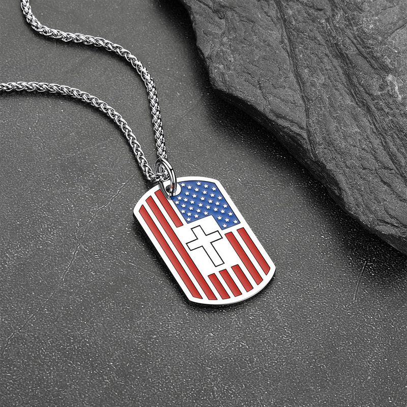 Engraved American Flag Cross Dog Tag Necklace for