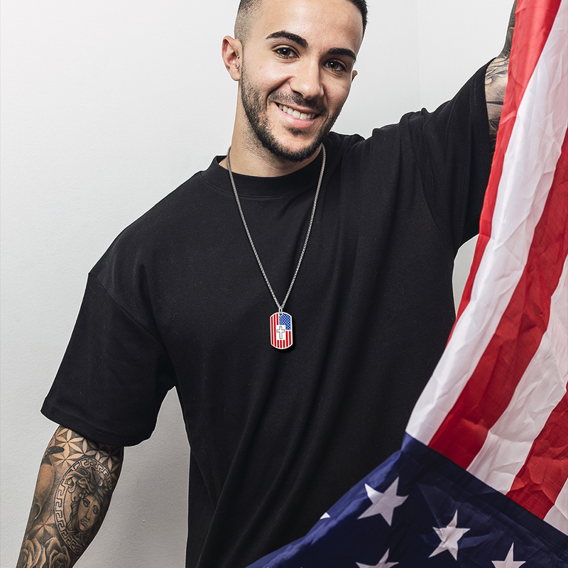 Engraved American Flag Cross Dog Tag Necklace for