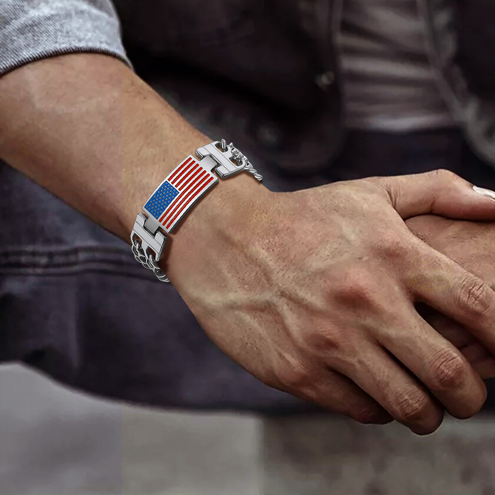Usa American Flag Cuban Link Chain Bracelet for 8mm Width