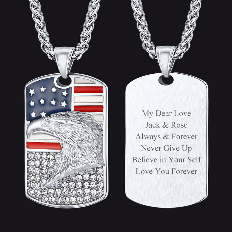 Engraved American Flag Eagle Dog Tag Necklace for