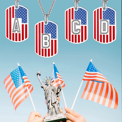 Patriotic American Flag Letter Initial Dog Tag Necklace 4th of July Pendant for