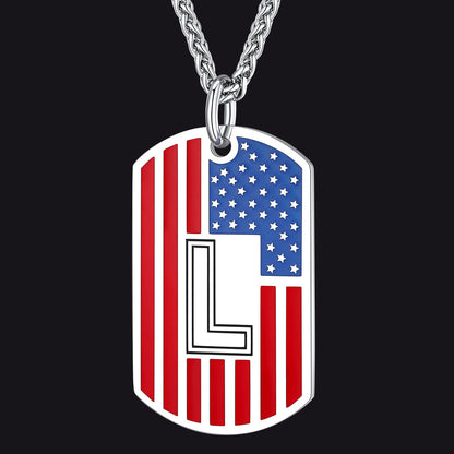 Patriotic American Flag Letter Initial Dog Tag Necklace 4th of July Pendant for