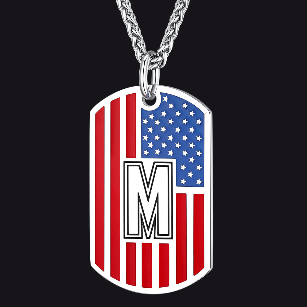 Patriotic American Flag Letter Initial Dog Tag Necklace 4th of July Pendant for