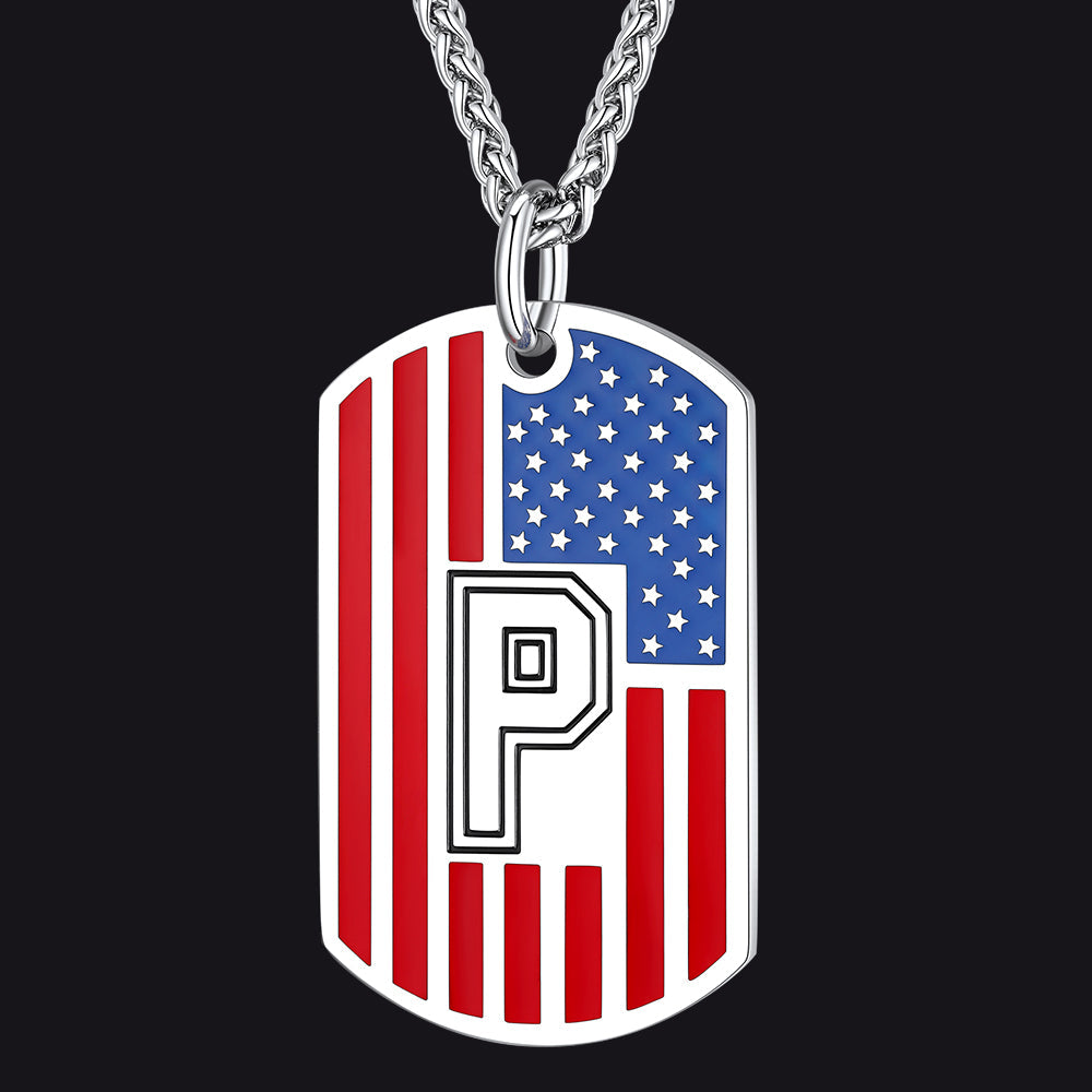 Patriotic American Flag Letter Initial Dog Tag Necklace 4th of July Pendant for
