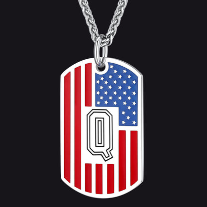Patriotic American Flag Letter Initial Dog Tag Necklace 4th of July Pendant for