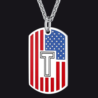 Patriotic American Flag Letter Initial Dog Tag Necklace 4th of July Pendant for
