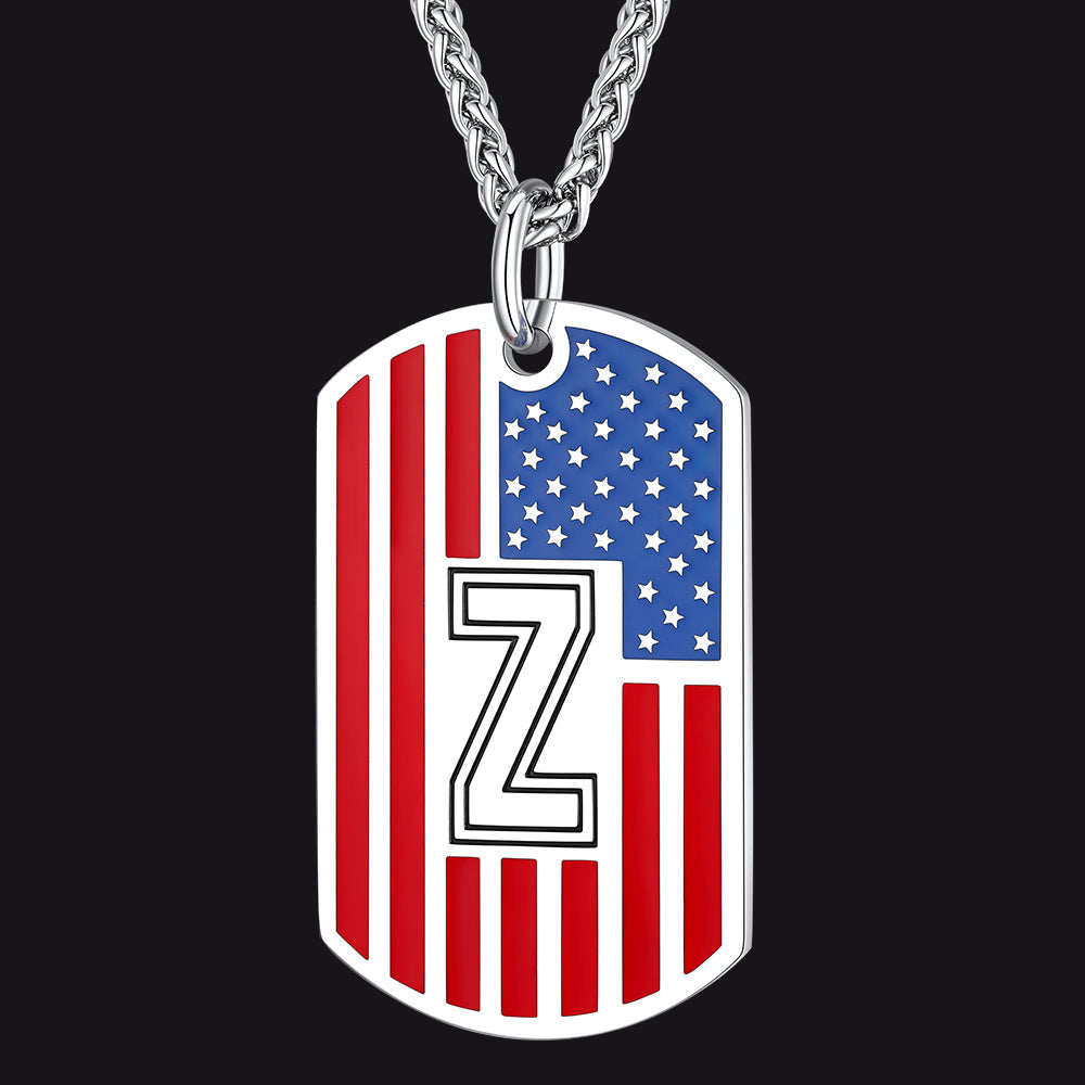 Patriotic American Flag Letter Initial Dog Tag Necklace 4th of July Pendant for