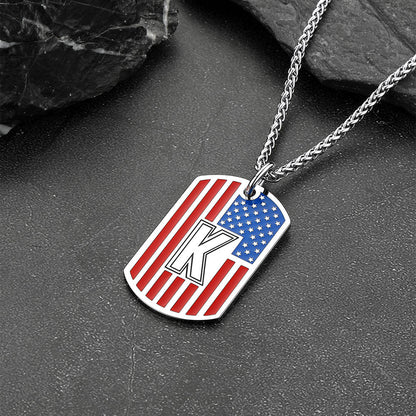 Patriotic American Flag Letter Initial Dog Tag Necklace 4th of July Pendant for
