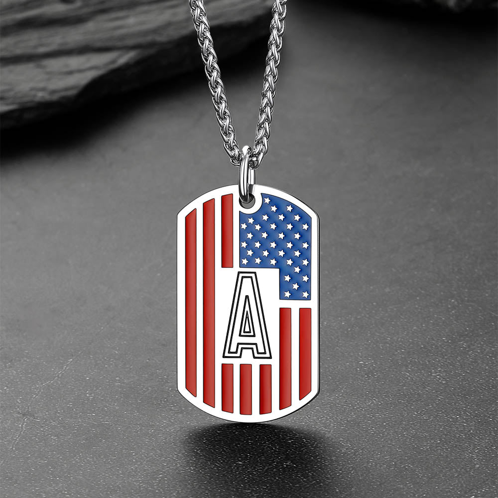 Patriotic American Flag Letter Initial Dog Tag Necklace 4th of July Pendant for