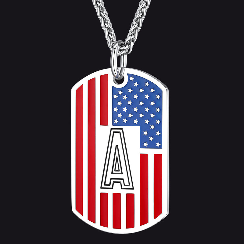 Patriotic American Flag Letter Initial Dog Tag Necklace 4th of July Pendant for
