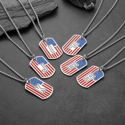 Patriotic American Flag Letter Initial Dog Tag Necklace 4th of July Pendant for
