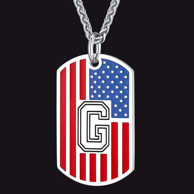 Patriotic American Flag Letter Initial Dog Tag Necklace 4th of July Pendant for