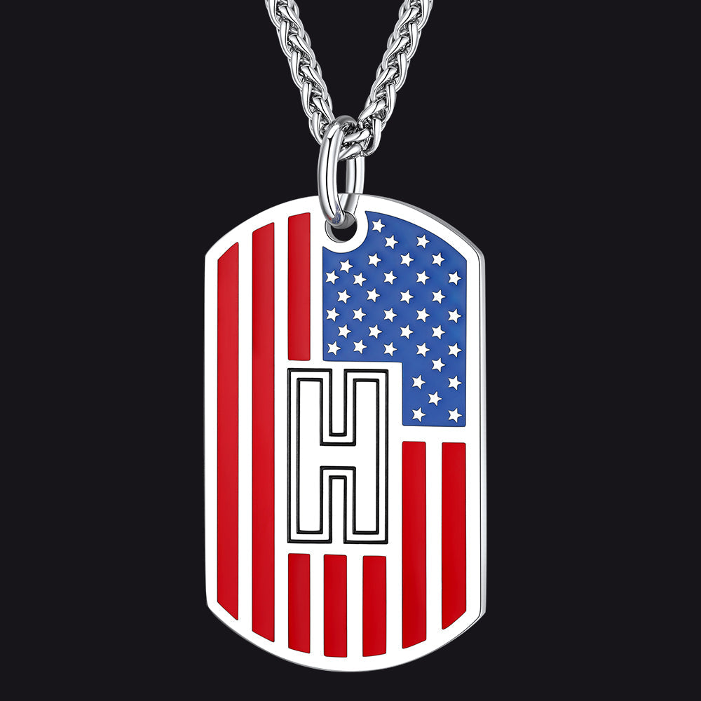 Patriotic American Flag Letter Initial Dog Tag Necklace 4th of July Pendant for