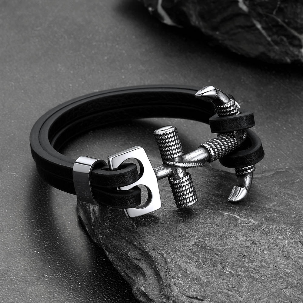 Viking Stainless Steel Anchor Black Leather Bracelet for
