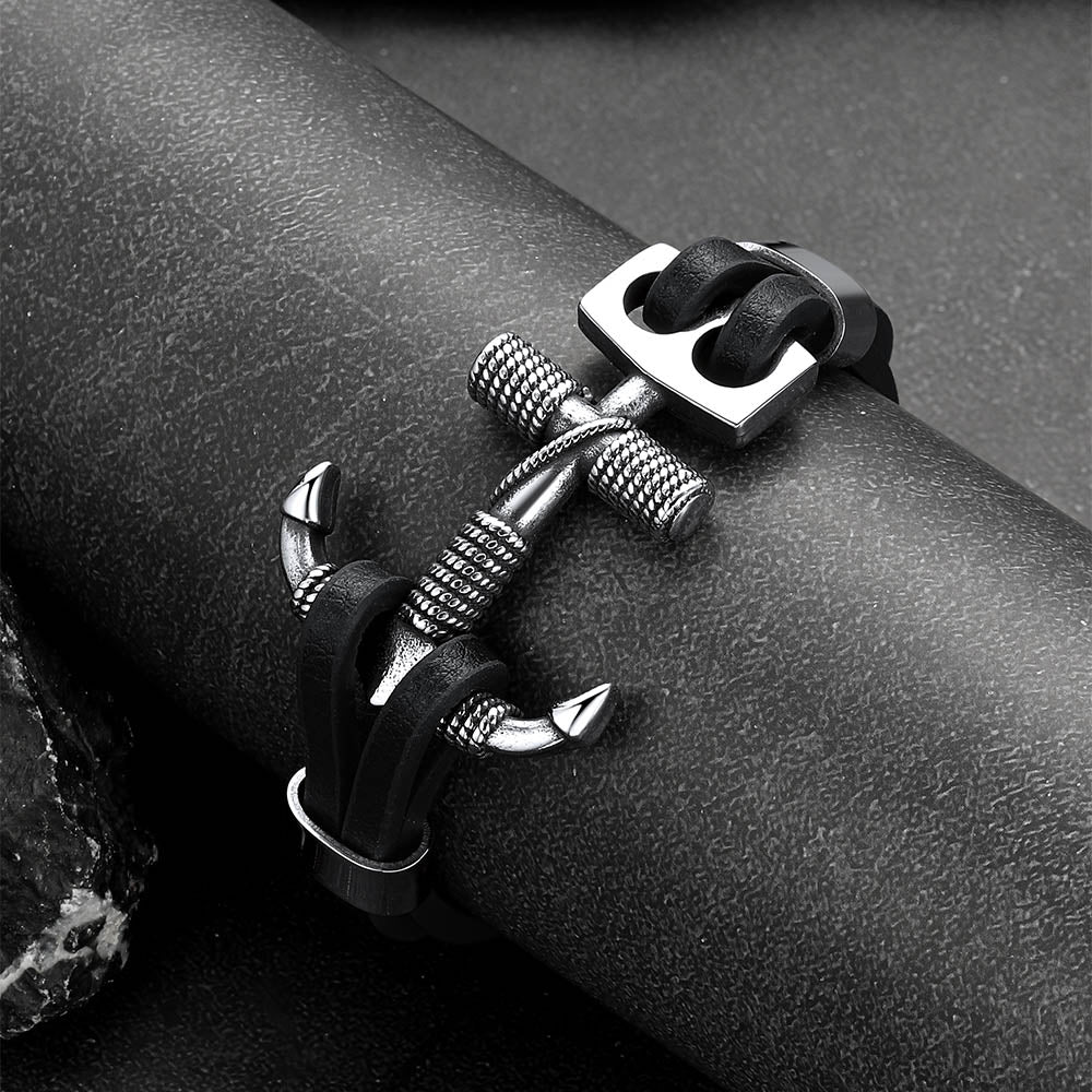 Viking Stainless Steel Anchor Black Leather Bracelet for