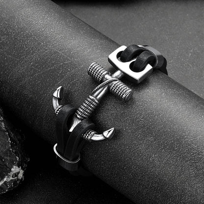 Viking Stainless Steel Anchor Black Leather Bracelet for