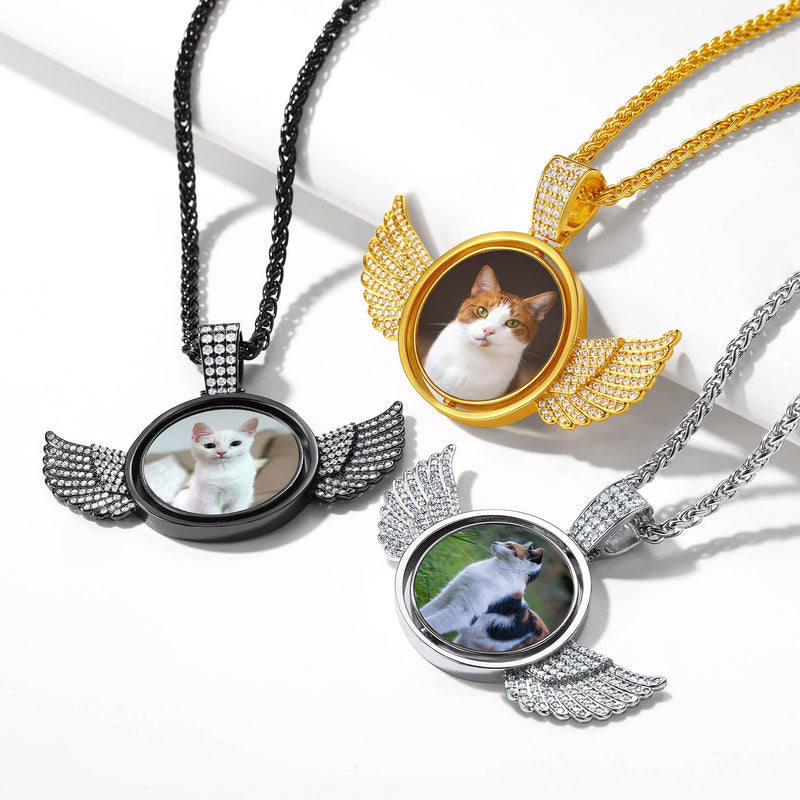Custom Double-sided Picture Photo Circle Chain Necklace With Angel Wings for