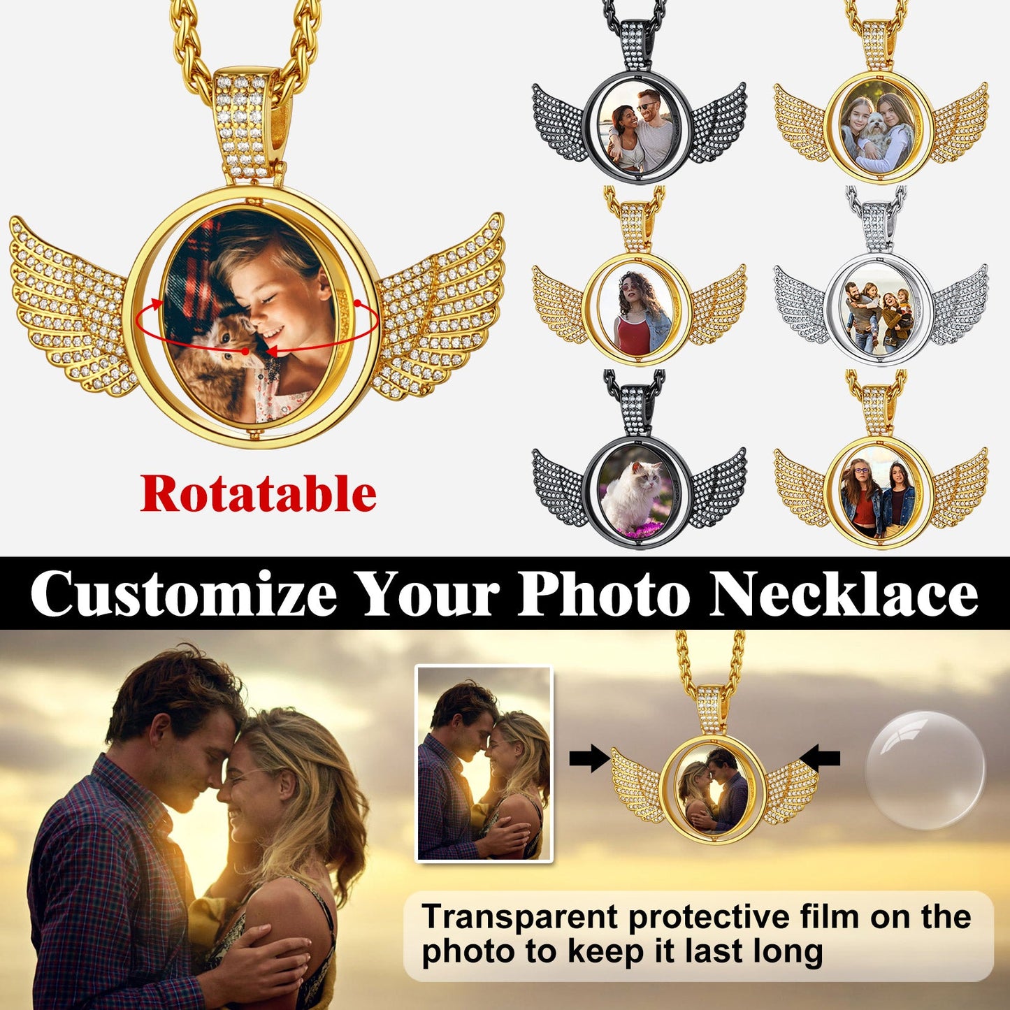 Custom Double-sided Picture Photo Circle Chain Necklace With Angel Wings for