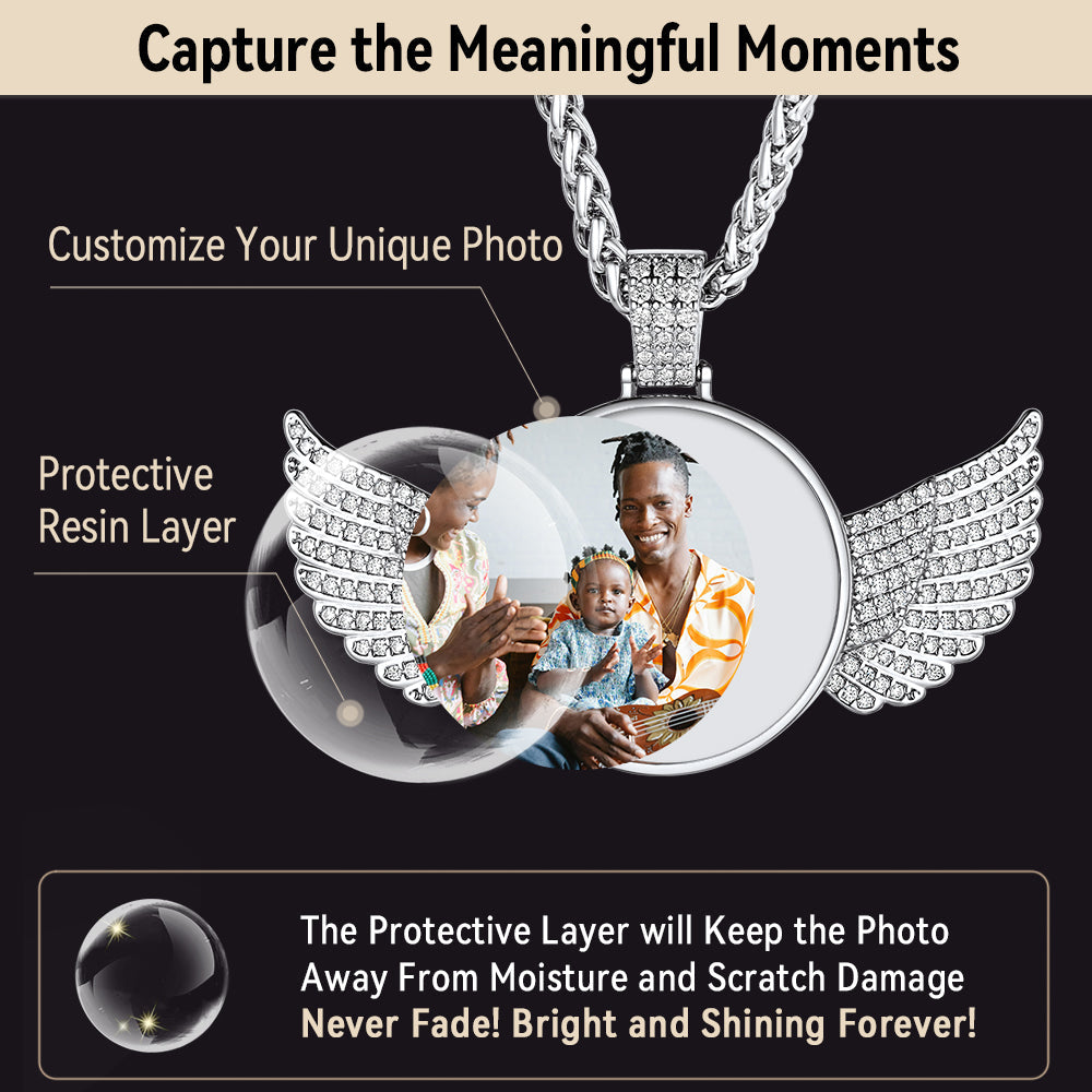 Customized Picture Circle Chain Necklace With Angel Wing Memorial Gift for