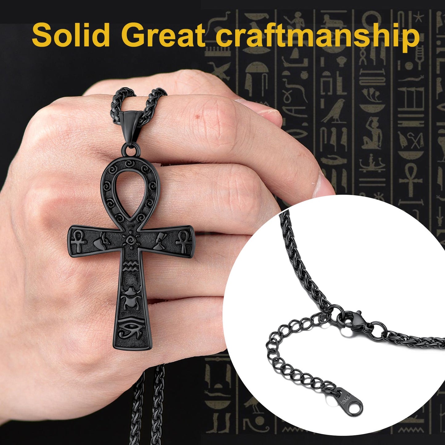 Egyptian Ankh Cross Necklace Pendant With Hieroglyphic for