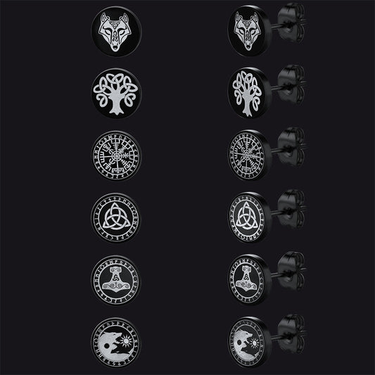 Viking Black Stud Earrings Set for 6 Pairs