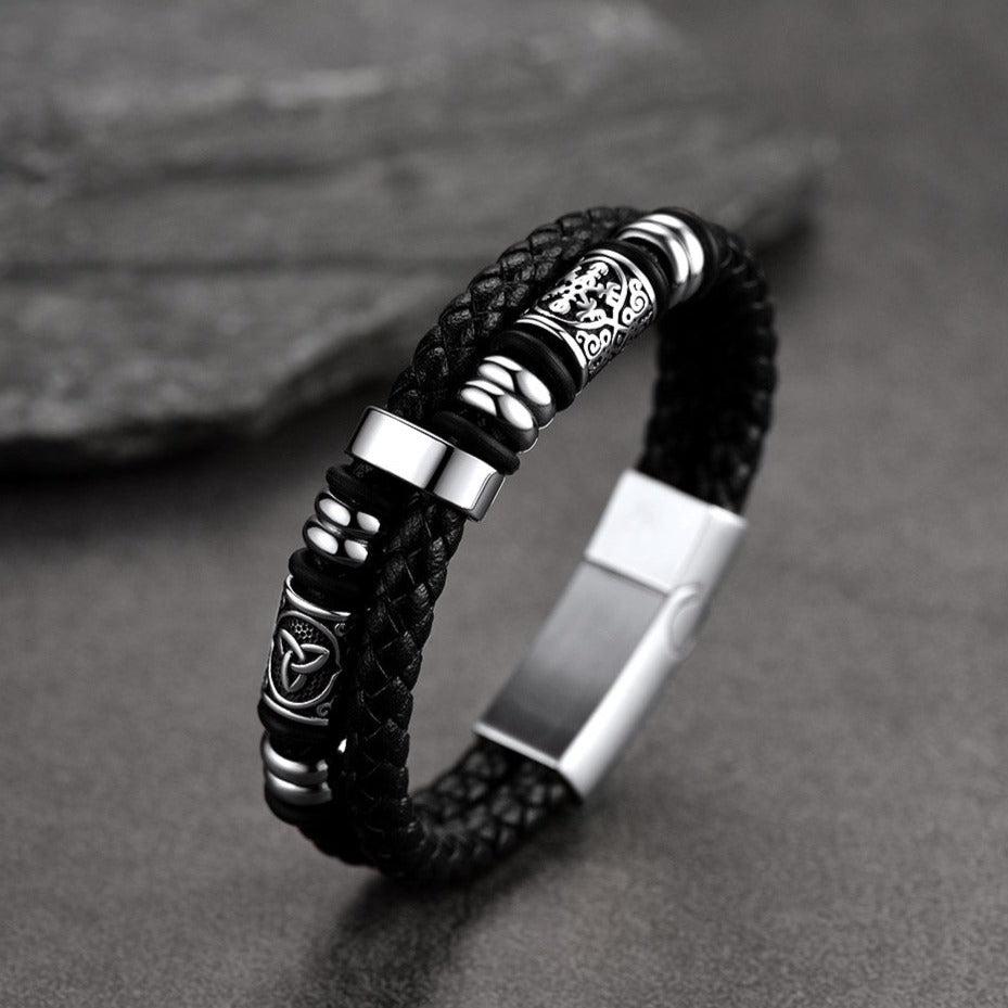 Viking Black Engraved Leather Braided Wristband Bracelet for
