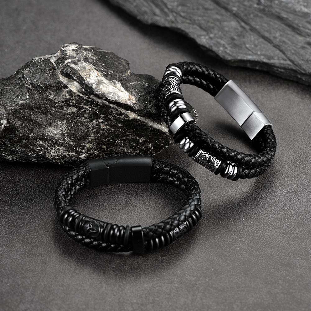 Engraved Viking Leather Braided Wristband Bracelet Gift for My Grandson
