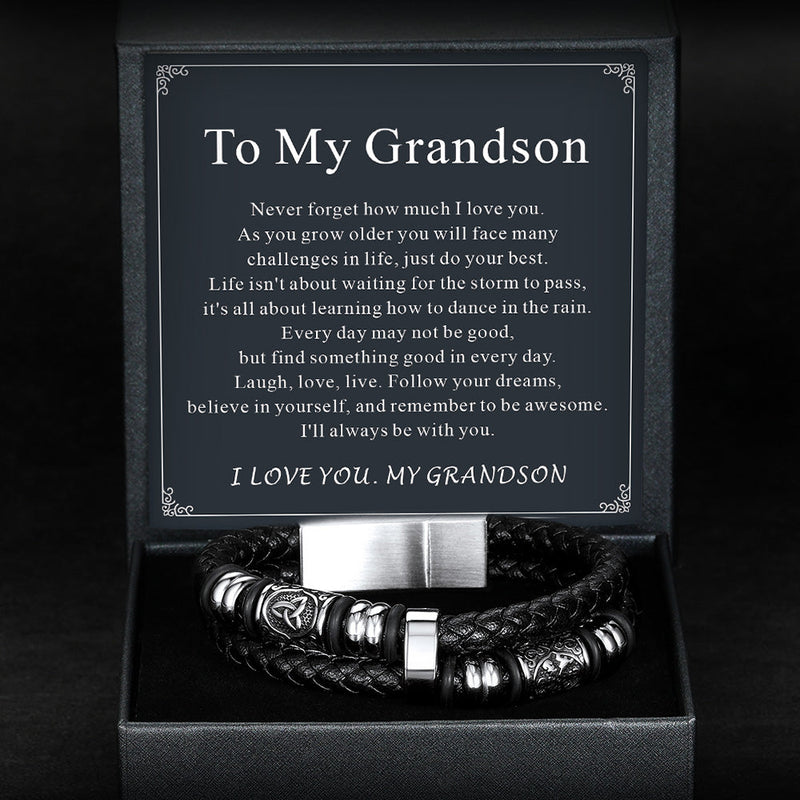 Viking Black Engraved Leather Braided Wristband Bracelet for