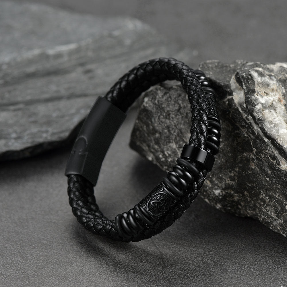 Viking Black Engraved Leather Braided Wristband Bracelet for