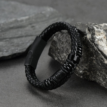 Viking Black Engraved Leather Braided Wristband Bracelet for