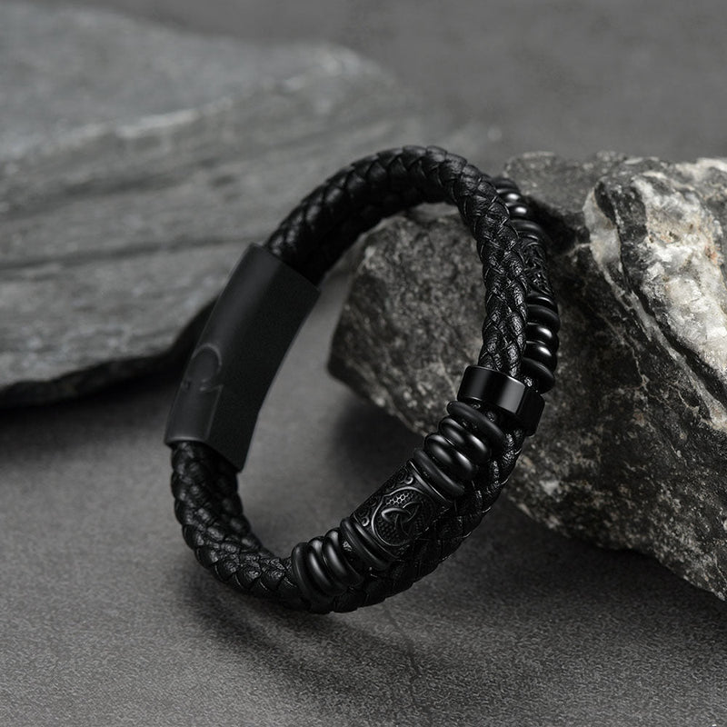 Viking Black Engraved Leather Braided Wristband Bracelet for