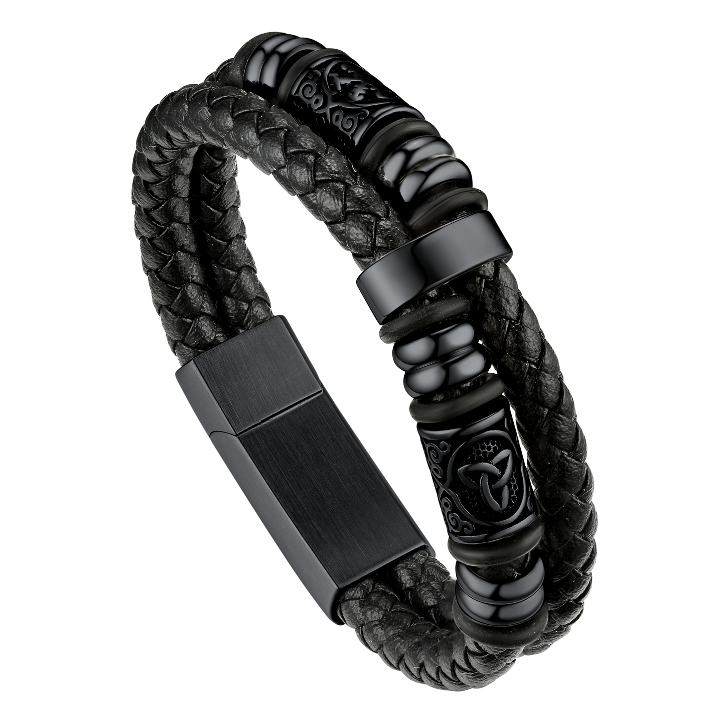 Viking Black Engraved Leather Braided Wristband Bracelet for