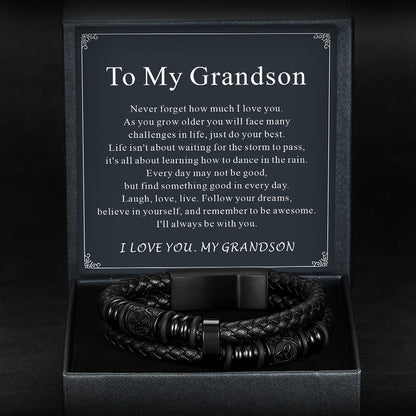 Engraved Viking Leather Braided Wristband Bracelet Gift for My Grandson
