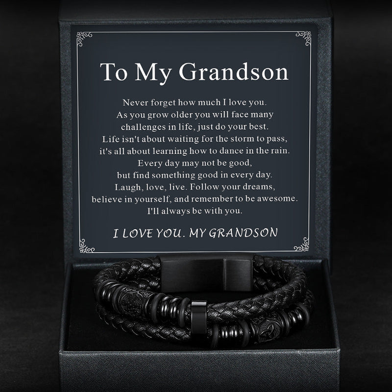 Engraved Viking Leather Braided Wristband Bracelet Gift for My Grandson
