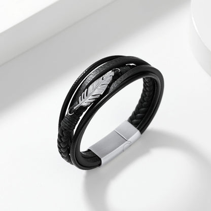 Feather Multi Layer Braided Leather Bracelet Gift for Son