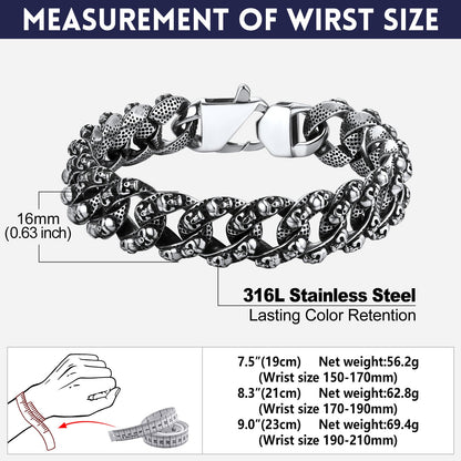 Chunky Heavy Skull Cuban Link Chain Bracelet for , 16mm Width